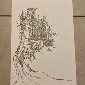 Unframed Original Art Drawing Illustration Tree Lady in Ink & Shimmer Gel Pen